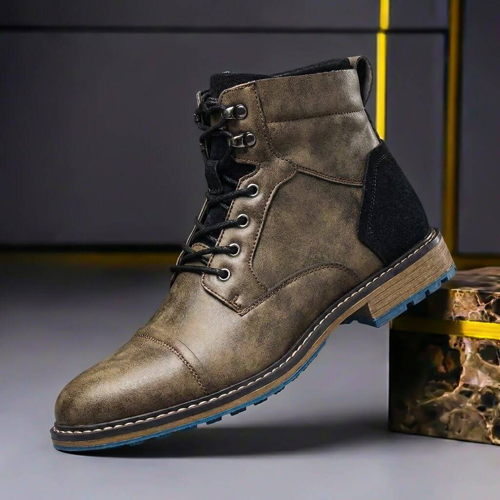 Men's Genuine Leather Boots with Cap Toe and Lace-Up Closure – Classic Ankle Boots for Winter, Work, Leisure, and Smart Casual Style