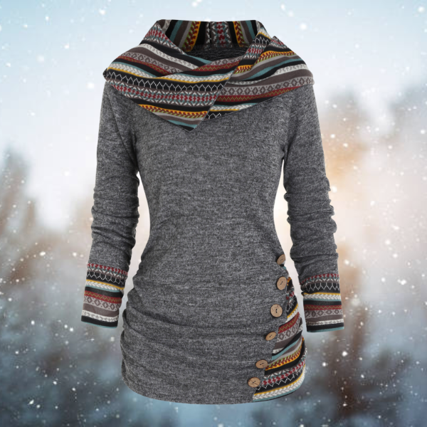 Women's Fleece Sweatshirt with Tribal Print and Hood – Long and Warm Pullover for Cold Days, Everyday Wear and Layering