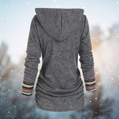 Women's Fleece Sweatshirt with Tribal Print and Hood – Long and Warm Pullover for Cold Days, Everyday Wear and Layering