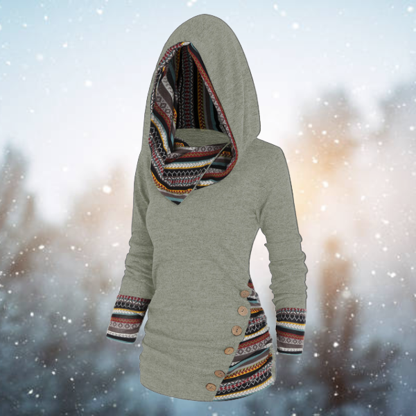 Women's Fleece Sweatshirt with Tribal Print and Hood – Long and Warm Pullover for Cold Days, Everyday Wear and Layering