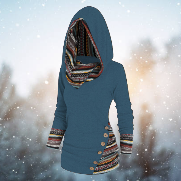 Women's Fleece Sweatshirt with Tribal Print and Hood – Long and Warm Pullover for Cold Days, Everyday Wear and Layering