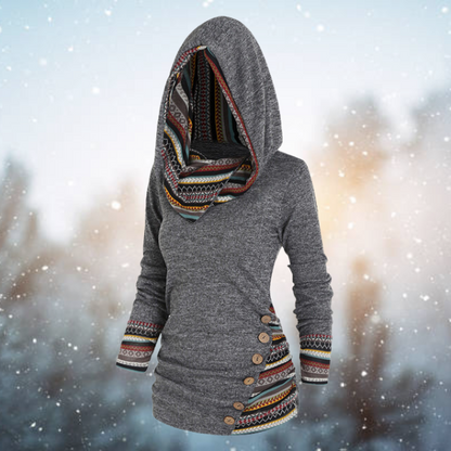 Women's Fleece Sweatshirt with Tribal Print and Hood – Long and Warm Pullover for Cold Days, Everyday Wear and Layering