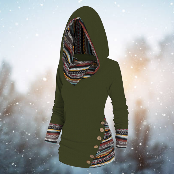 Women's Fleece Sweatshirt with Tribal Print and Hood – Long and Warm Pullover for Cold Days, Everyday Wear and Layering