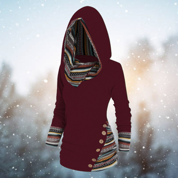 Women's Fleece Sweatshirt with Tribal Print and Hood – Long and Warm Pullover for Cold Days, Everyday Wear and Layering