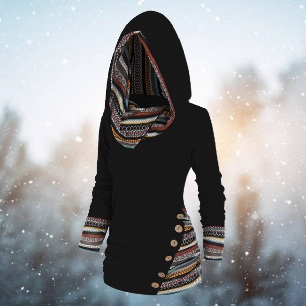 Women's Fleece Sweatshirt with Tribal Print and Hood – Long and Warm Pullover for Cold Days, Everyday Wear and Layering
