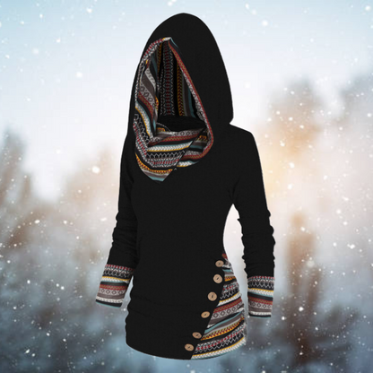 Women's Fleece Sweatshirt with Tribal Print and Hood – Long and Warm Pullover for Cold Days, Everyday Wear and Layering