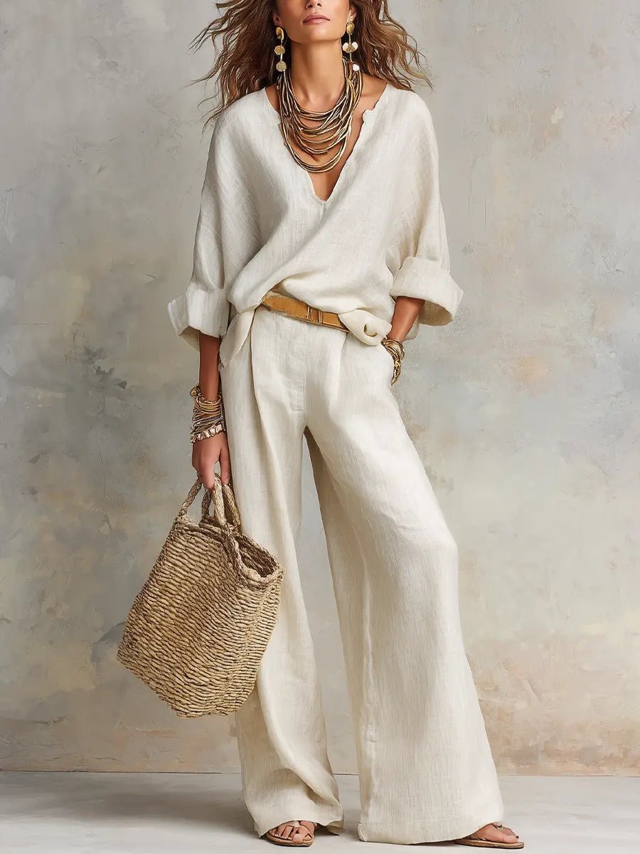 Women's Linen-Look Wide-Leg Pants Set – Relaxed 2-Piece Summer Set for Holidays, Resorts, Leisure, and Smart Casual Style