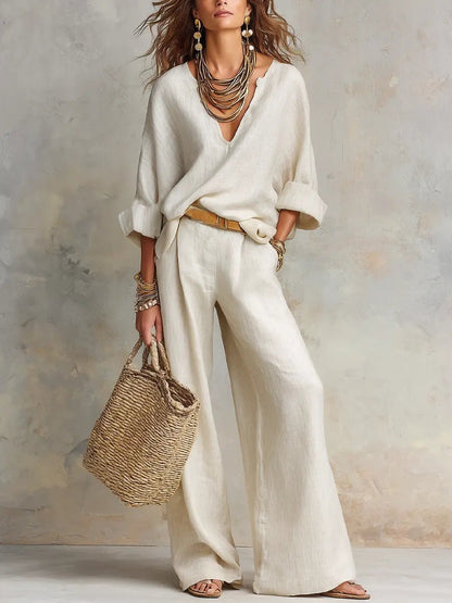 Women's Linen-Look Wide-Leg Pants Set – Relaxed 2-Piece Summer Set for Holidays, Resorts, Leisure, and Smart Casual Style