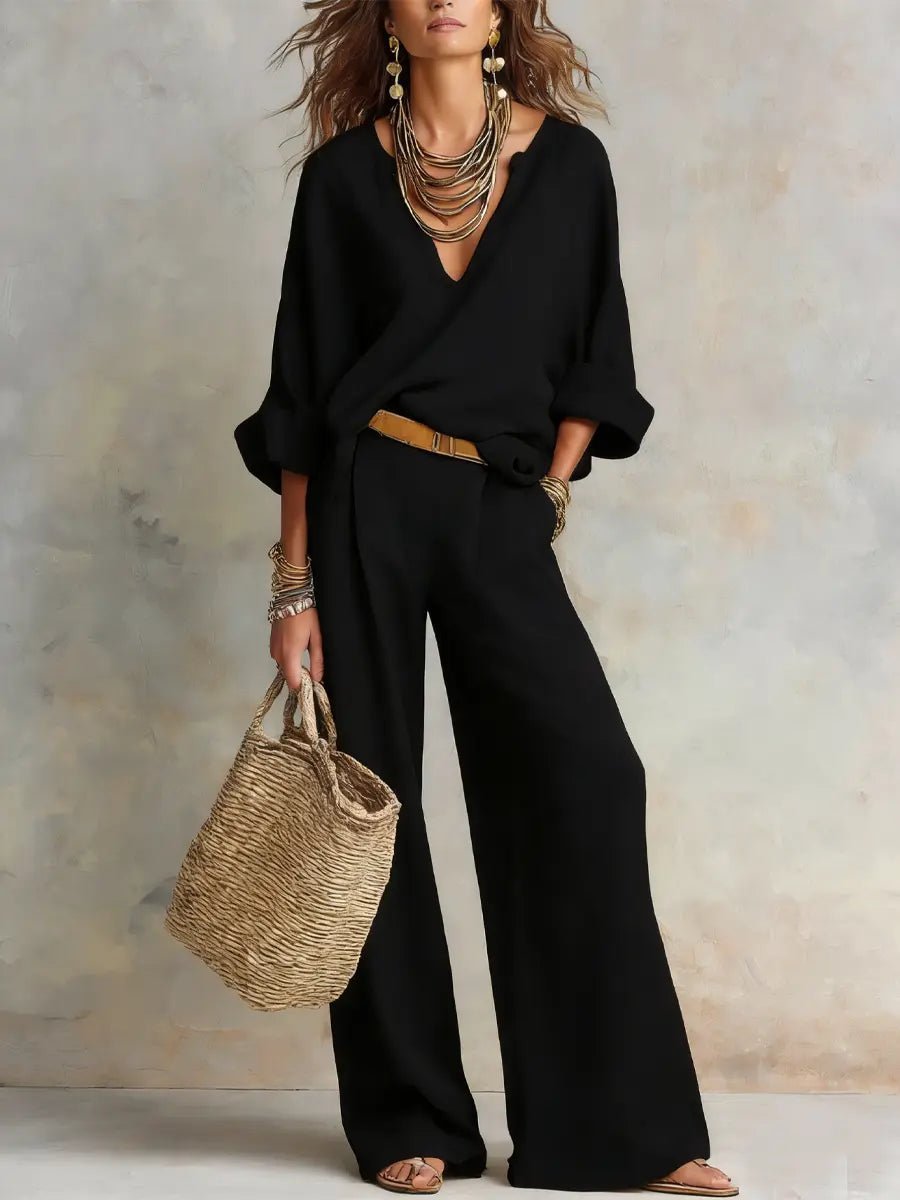 Women's Linen-Look Wide-Leg Pants Set – Relaxed 2-Piece Summer Set for Holidays, Resorts, Leisure, and Smart Casual Style