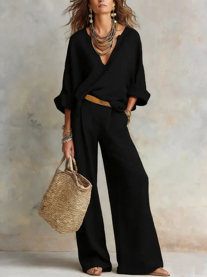 Women's Linen-Look Wide-Leg Pants Set – Relaxed 2-Piece Summer Set for Holidays, Resorts, Leisure, and Smart Casual Style