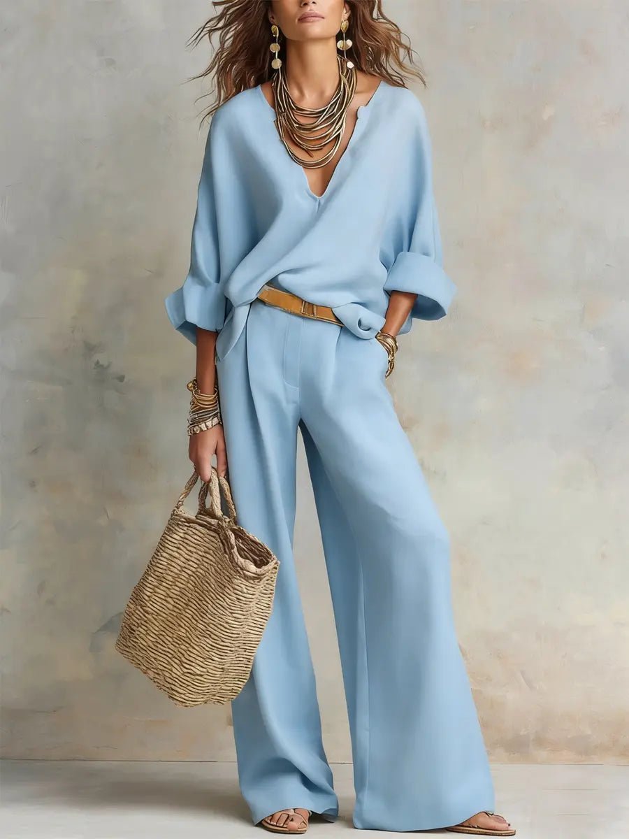 Women's Linen-Look Wide-Leg Pants Set – Relaxed 2-Piece Summer Set for Holidays, Resorts, Leisure, and Smart Casual Style