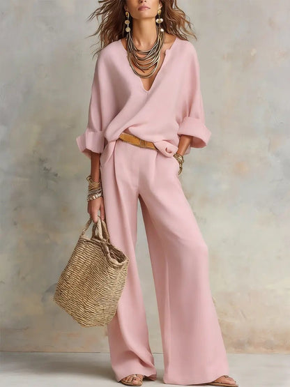 Women's Linen-Look Wide-Leg Pants Set – Relaxed 2-Piece Summer Set for Holidays, Resorts, Leisure, and Smart Casual Style