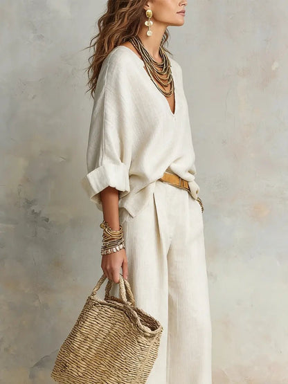 Women's Linen-Look Wide-Leg Pants Set – Relaxed 2-Piece Summer Set for Holidays, Resorts, Leisure, and Smart Casual Style