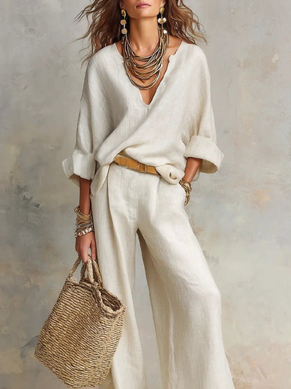 Women's Linen-Look Wide-Leg Pants Set – Relaxed 2-Piece Summer Set for Holidays, Resorts, Leisure, and Smart Casual Style