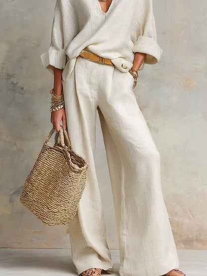 Women's Linen-Look Wide-Leg Pants Set – Relaxed 2-Piece Summer Set for Holidays, Resorts, Leisure, and Smart Casual Style