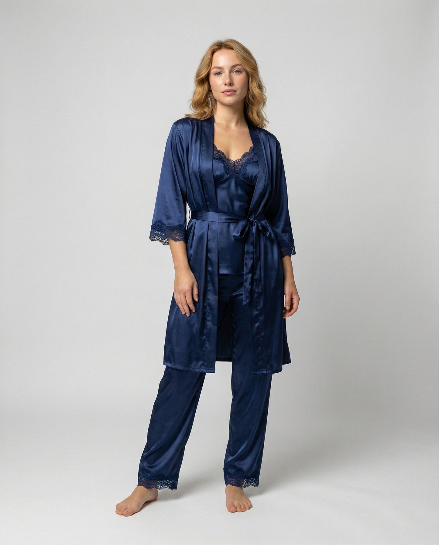 Women's Pajama Set with Lace Details and Belted Kimono – Elegant Loungewear Set for Relaxation, Evenings, and Comfortable Days