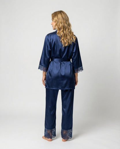Women's Pajama Set with Lace Details and Belted Kimono – Elegant Loungewear Set for Relaxation, Evenings, and Comfortable Days