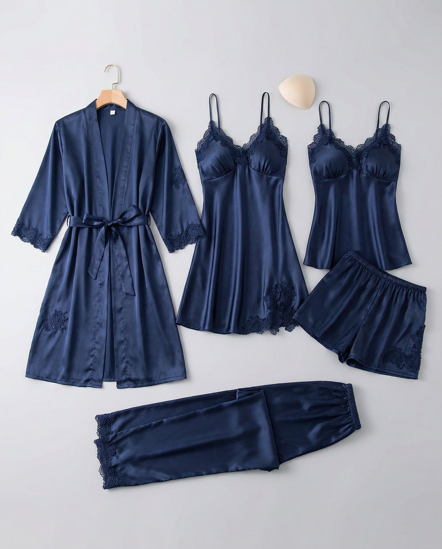 Women's Pajama Set with Lace Details and Belted Kimono – Elegant Loungewear Set for Relaxation, Evenings, and Comfortable Days