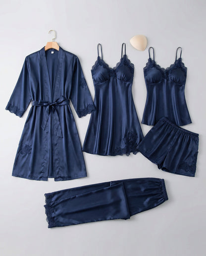 Women's Pajama Set with Lace Details and Belted Kimono – Elegant Loungewear Set for Relaxation, Evenings, and Comfortable Days