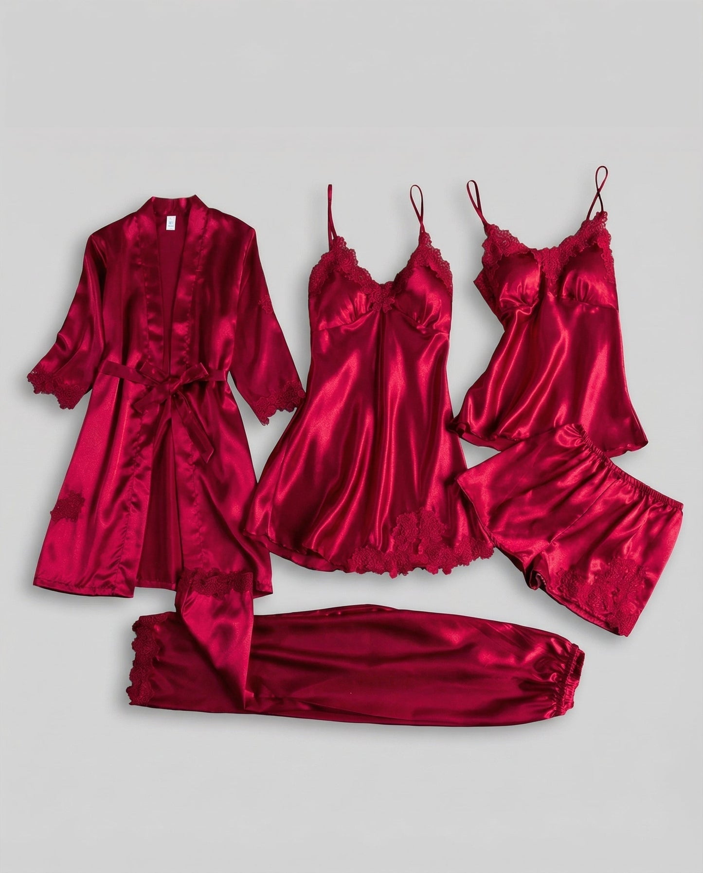 Women's Pajama Set with Lace Details and Belted Kimono – Elegant Loungewear Set for Relaxation, Evenings, and Comfortable Days