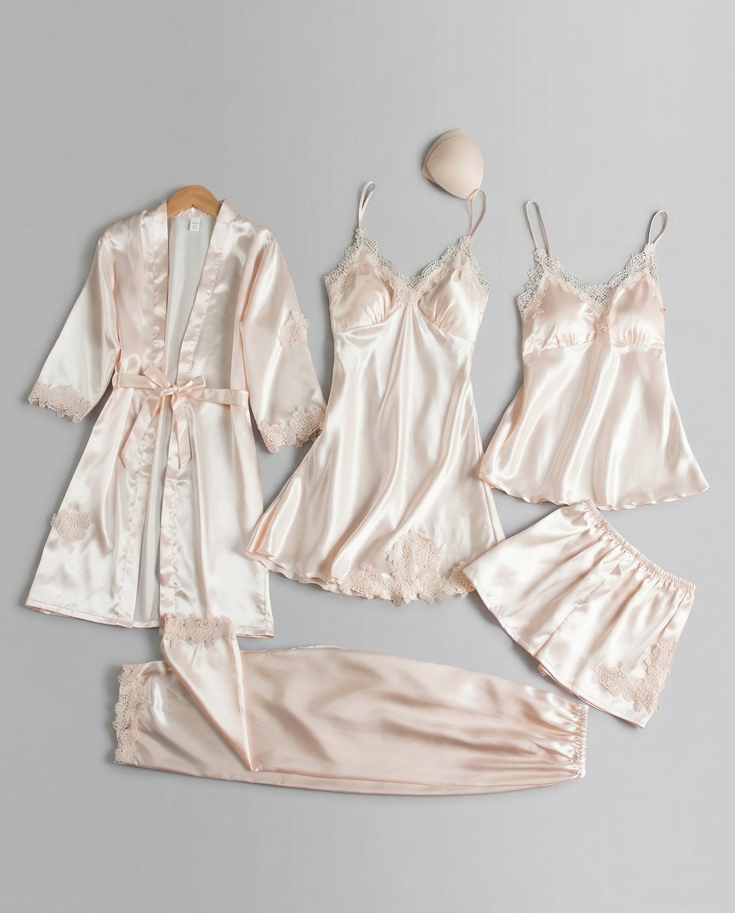 Women's Pajama Set with Lace Details and Belted Kimono – Elegant Loungewear Set for Relaxation, Evenings, and Comfortable Days