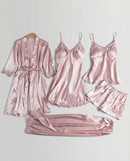 Women's Pajama Set with Lace Details and Belted Kimono – Elegant Loungewear Set for Relaxation, Evenings, and Comfortable Days