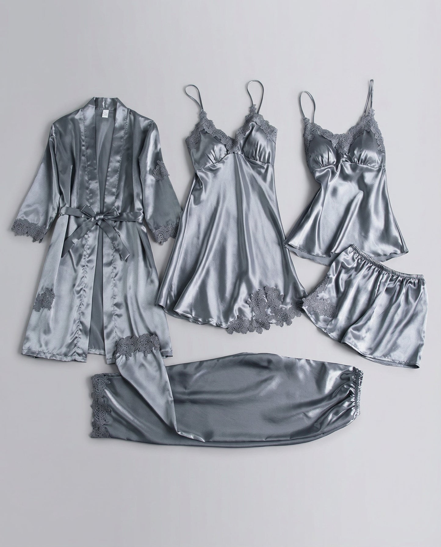 Women's Pajama Set with Lace Details and Belted Kimono – Elegant Loungewear Set for Relaxation, Evenings, and Comfortable Days