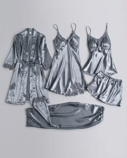 Women's Pajama Set with Lace Details and Belted Kimono – Elegant Loungewear Set for Relaxation, Evenings, and Comfortable Days