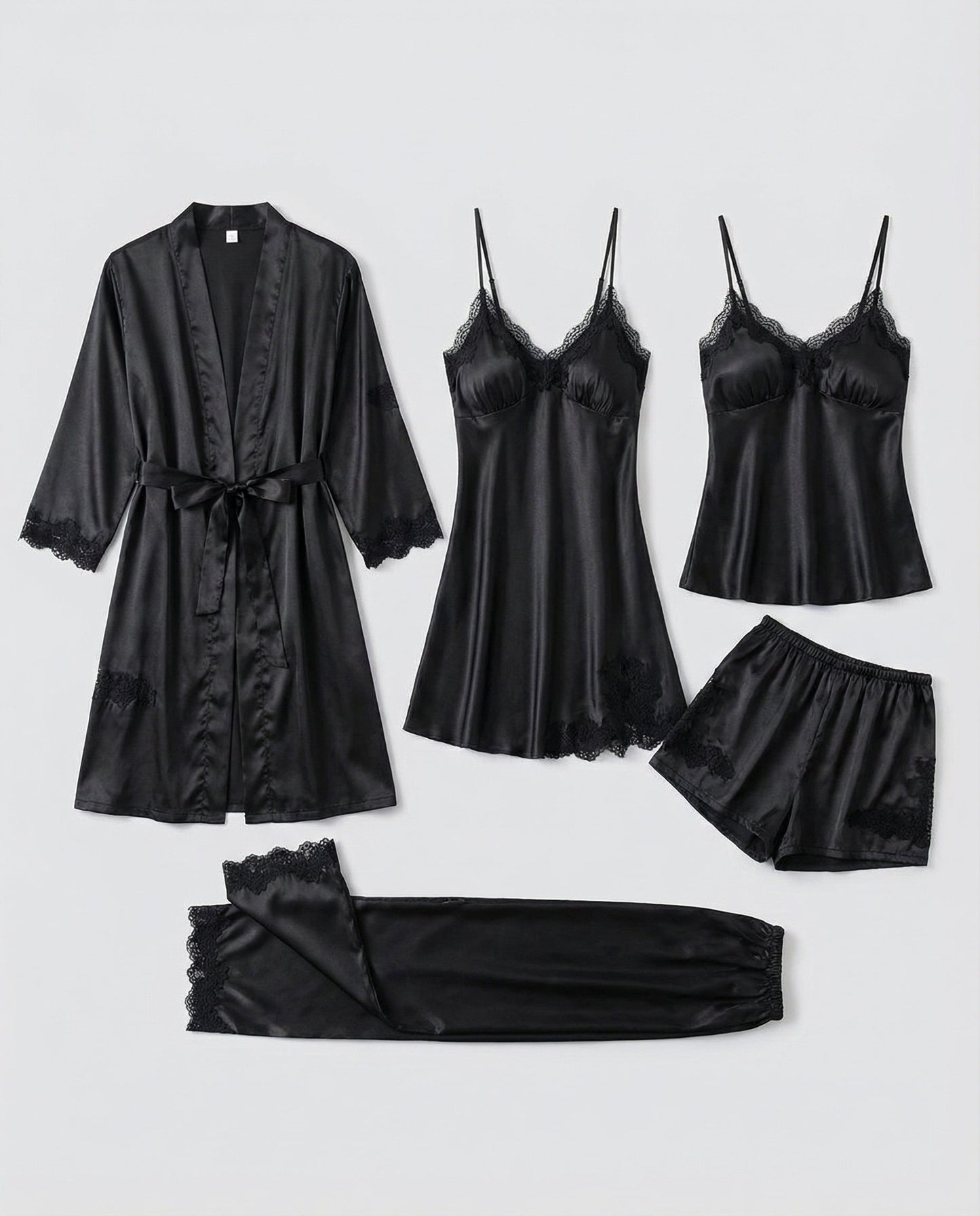 Women's Pajama Set with Lace Details and Belted Kimono – Elegant Loungewear Set for Relaxation, Evenings, and Comfortable Days