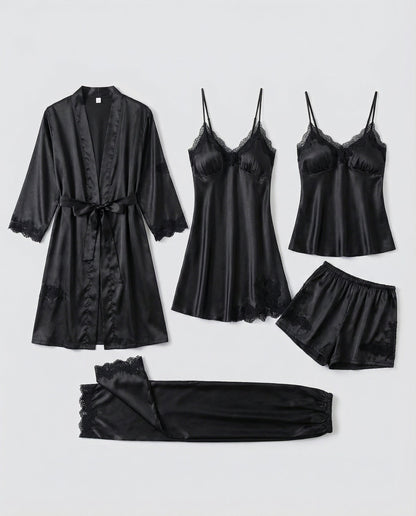 Women's Pajama Set with Lace Details and Belted Kimono – Elegant Loungewear Set for Relaxation, Evenings, and Comfortable Days
