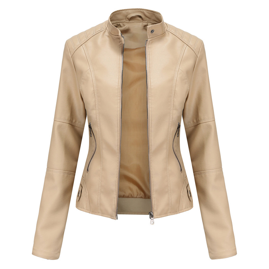 Geacă biker de damă din piele ecologică, cu design cambrat și închidere cu fermoar – Geacă elegantă pentru toamnă, oraș, timp liber și stil smart casual
