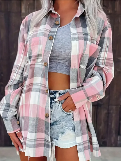 Women's Oversized Plaid Shirt with Button Closure – Classic Flannel Shirt for Fall, Everyday Wear, Leisure, and Layered Styles