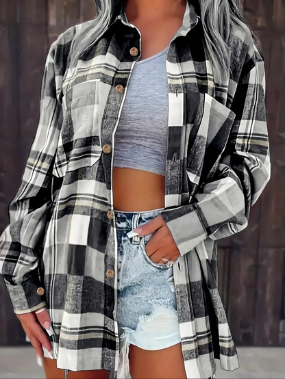 Women's Oversized Plaid Shirt with Button Closure – Classic Flannel Shirt for Fall, Everyday Wear, Leisure, and Layered Styles