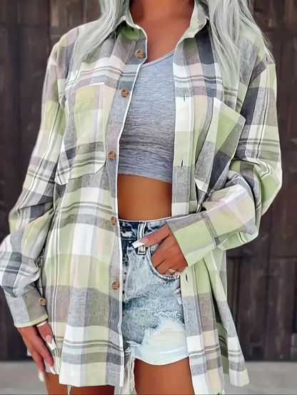 Women's Oversized Plaid Shirt with Button Closure – Classic Flannel Shirt for Fall, Everyday Wear, Leisure, and Layered Styles