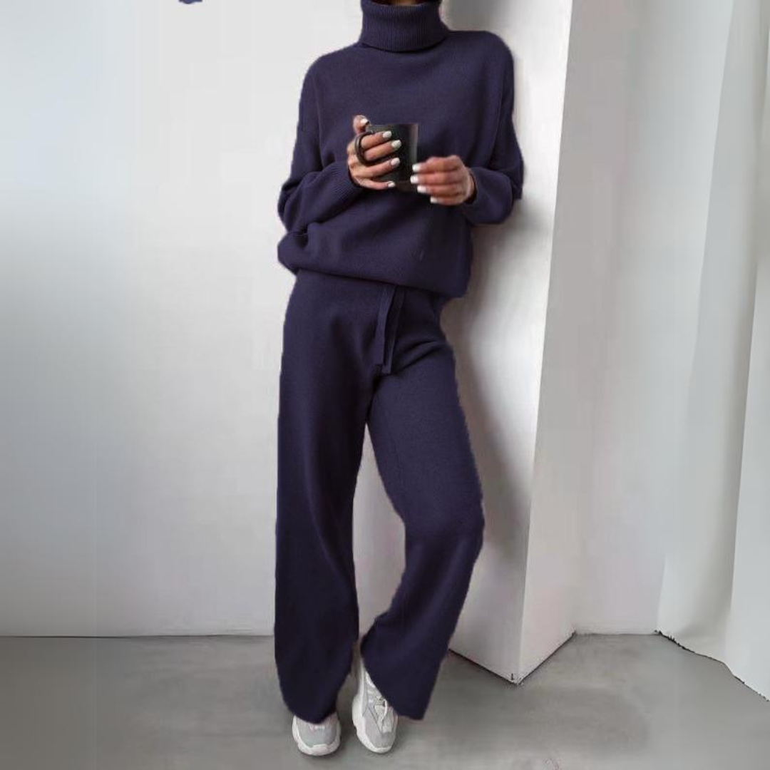 Set lejer de damă din tricot cu guler înalt, cu pulover moale și pantaloni cu croială largă și șnur – set călduros din 2 piese pentru toamnă, iarnă și purtare zilnică