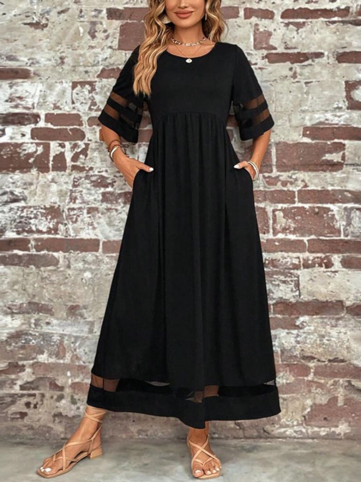Women's Maxi Dress with Sheer Panels and Short Sleeves – Elegant Summer Dress for Parties, Dinners, and Special Occasions