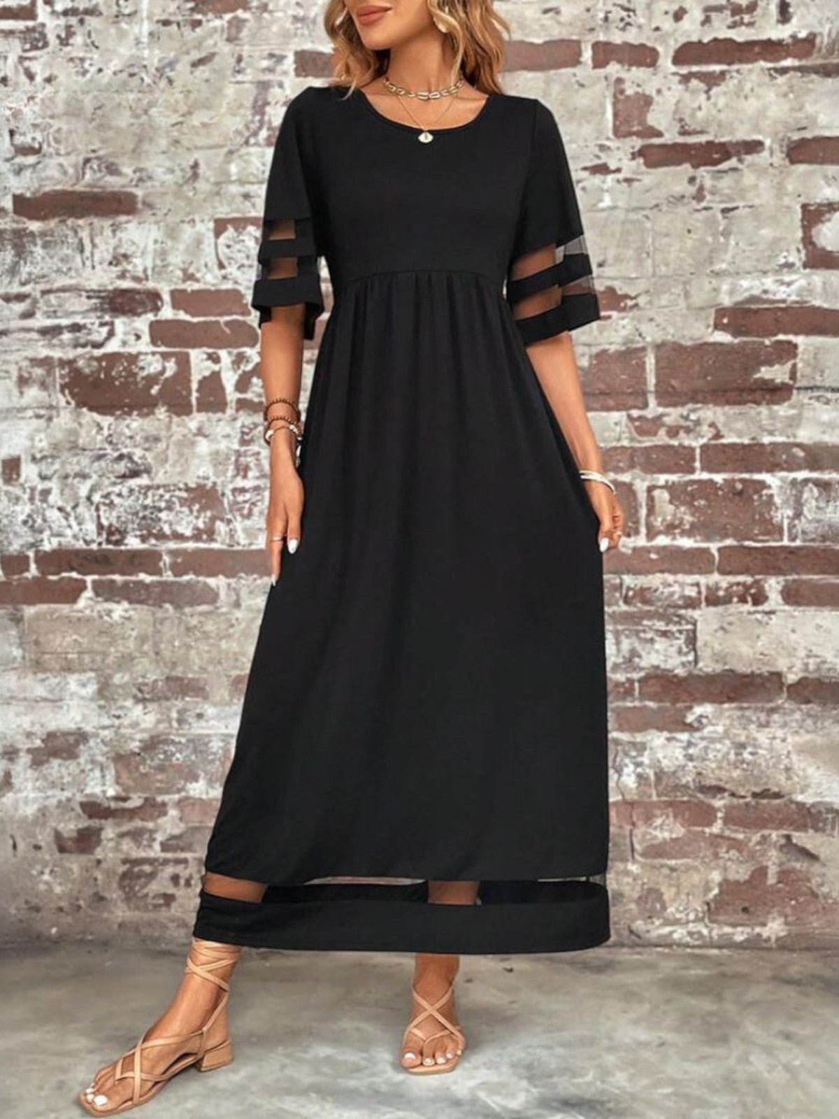Women's Maxi Dress with Sheer Panels and Short Sleeves – Elegant Summer Dress for Parties, Dinners, and Special Occasions