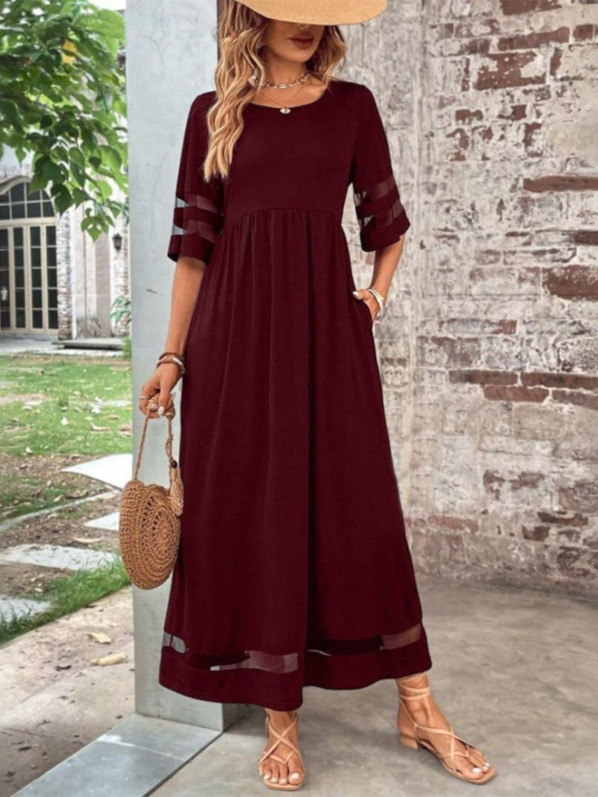 Women's Maxi Dress with Sheer Panels and Short Sleeves – Elegant Summer Dress for Parties, Dinners, and Special Occasions