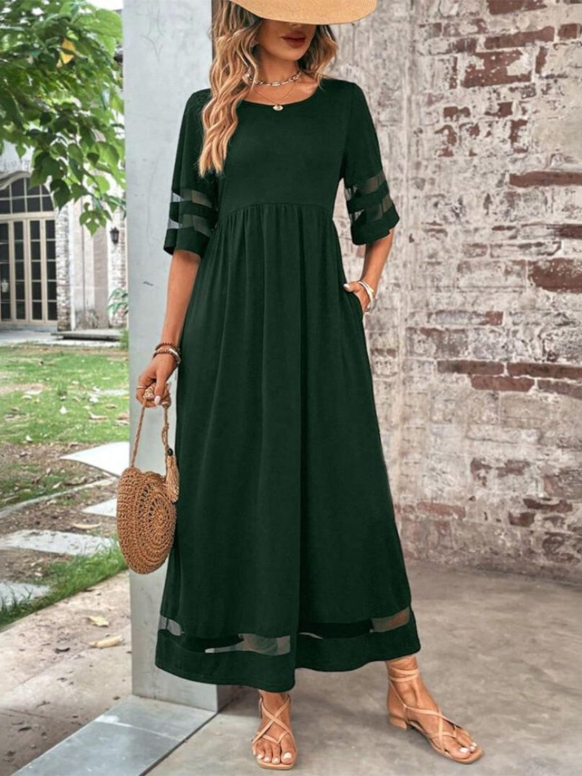 Women's Maxi Dress with Sheer Panels and Short Sleeves – Elegant Summer Dress for Parties, Dinners, and Special Occasions