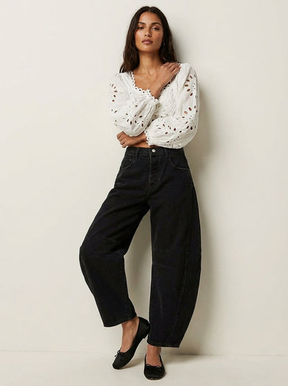 Dame Jeans Med Høj Talje Og Afslappet Barrel-leg Pasform – Moderne Denim Bukser Til Hverdagsbrug Og Afslappede Outfits