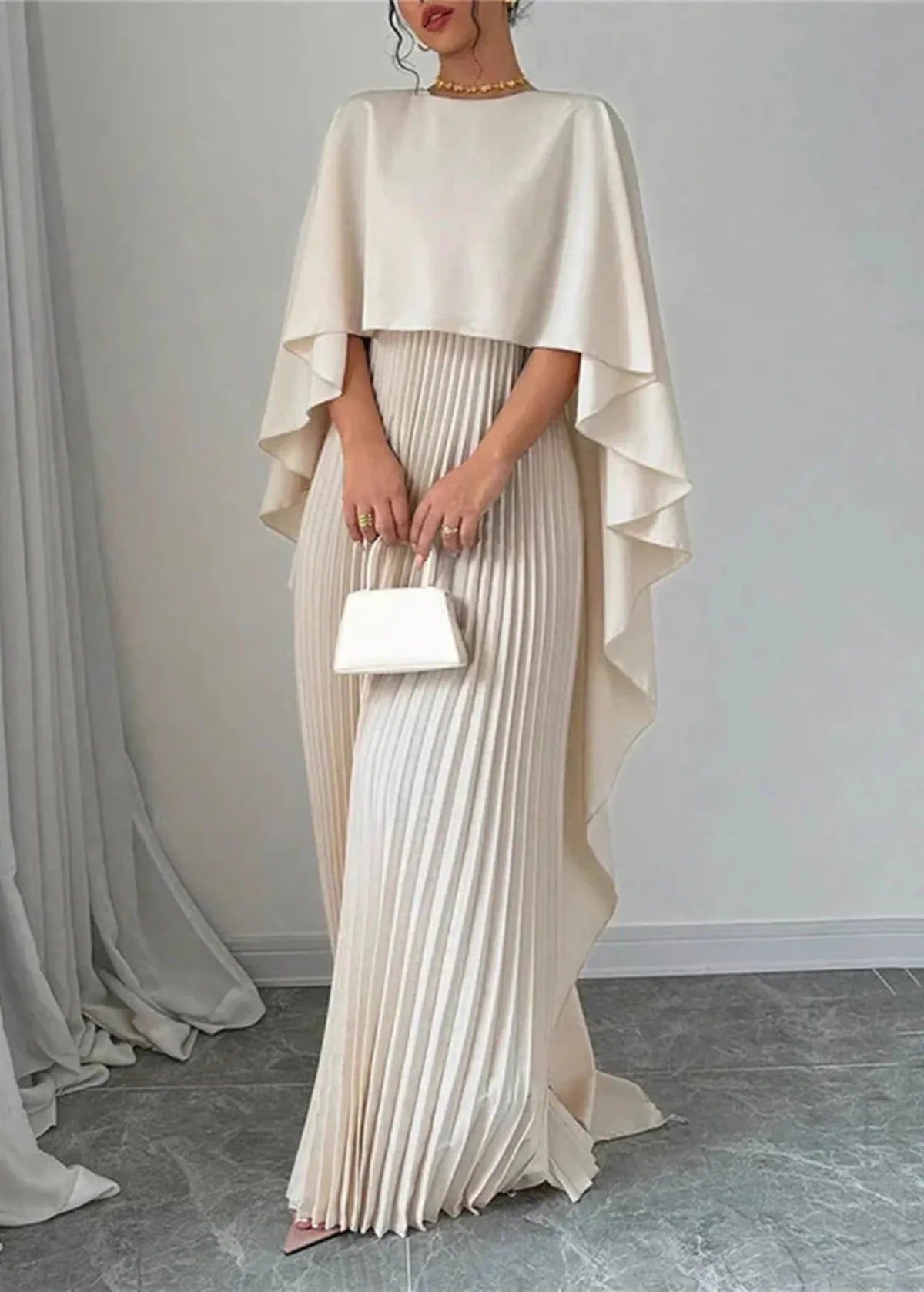 Women's Pleated Maxi Dress with Cape Overlay – Elegant Dress with a Flowing Silhouette for Parties, Evening Wear, and Special Occasions