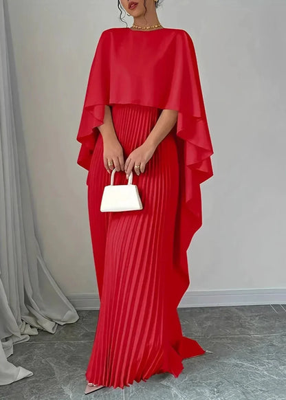 Women's Pleated Maxi Dress with Cape Overlay – Elegant Dress with a Flowing Silhouette for Parties, Evening Wear, and Special Occasions
