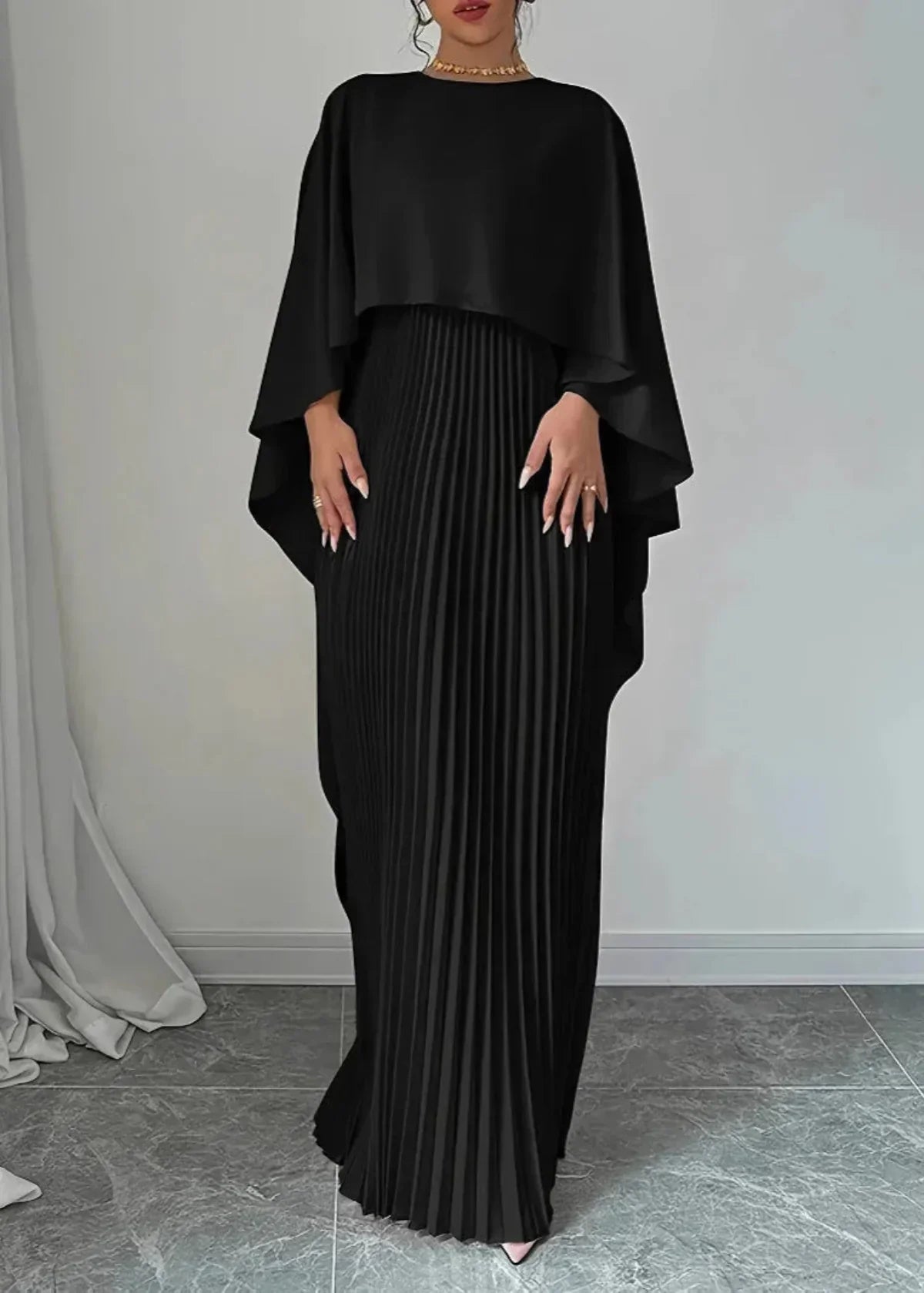 Women's Pleated Maxi Dress with Cape Overlay – Elegant Dress with a Flowing Silhouette for Parties, Evening Wear, and Special Occasions