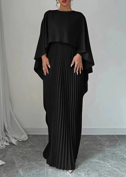 Women's Pleated Maxi Dress with Cape Overlay – Elegant Dress with a Flowing Silhouette for Parties, Evening Wear, and Special Occasions