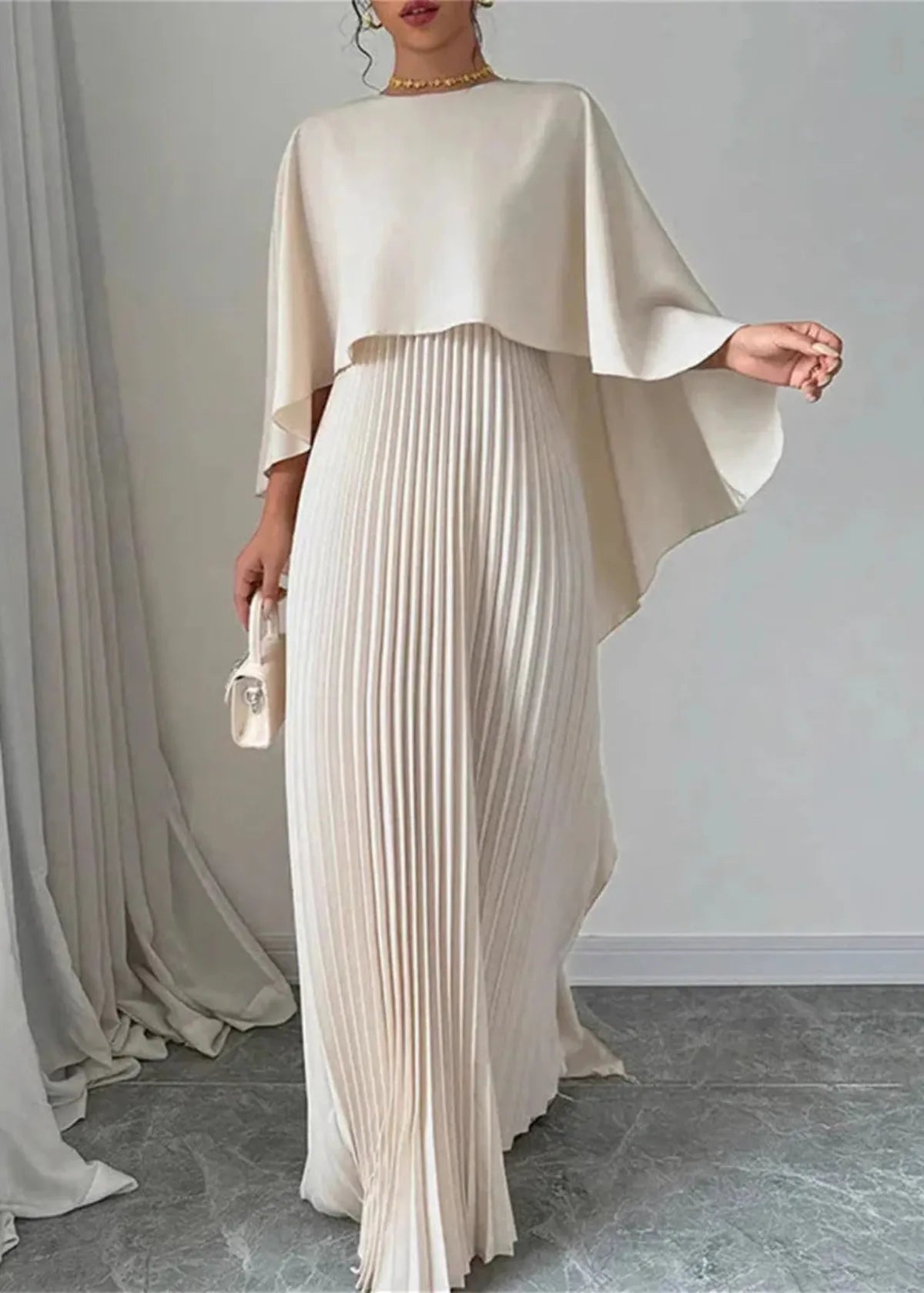 Women's Pleated Maxi Dress with Cape Overlay – Elegant Dress with a Flowing Silhouette for Parties, Evening Wear, and Special Occasions