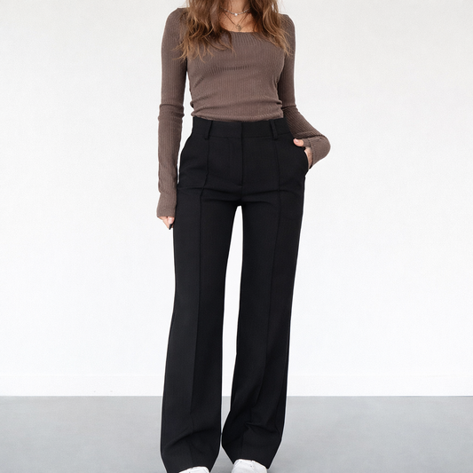 Dame Højtaljede Bukser Med Lige Ben, Frontlæg Og Sidelommer – Elegante Habitbukser Til Arbejde, Hverdagsbrug Og Smart Casual Styling