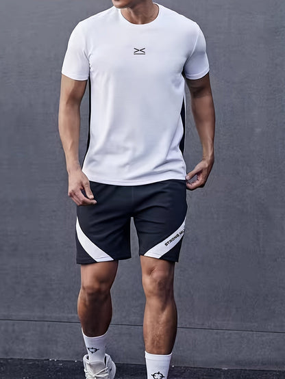 Set sport bărbătesc cu bluză de antrenament cu mâneci scurte și pantaloni scurți asortați pentru alergare – ținută sport pentru antrenament, alergare, fitness și timp liber