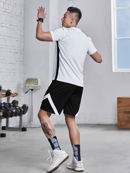 Set sport bărbătesc cu bluză de antrenament cu mâneci scurte și pantaloni scurți asortați pentru alergare – ținută sport pentru antrenament, alergare, fitness și timp liber