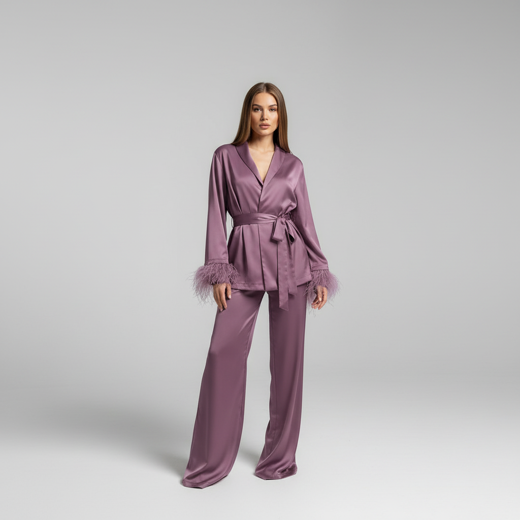 Women's Satin Loungewear Set with Feather Cuffs – Elegant 2-Piece Set for Relaxation, Home, Evening Wear, and Special Occasions