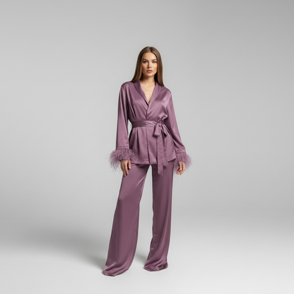 Women's Satin Loungewear Set with Feather Cuffs – Elegant 2-Piece Set for Relaxation, Home, Evening Wear, and Special Occasions